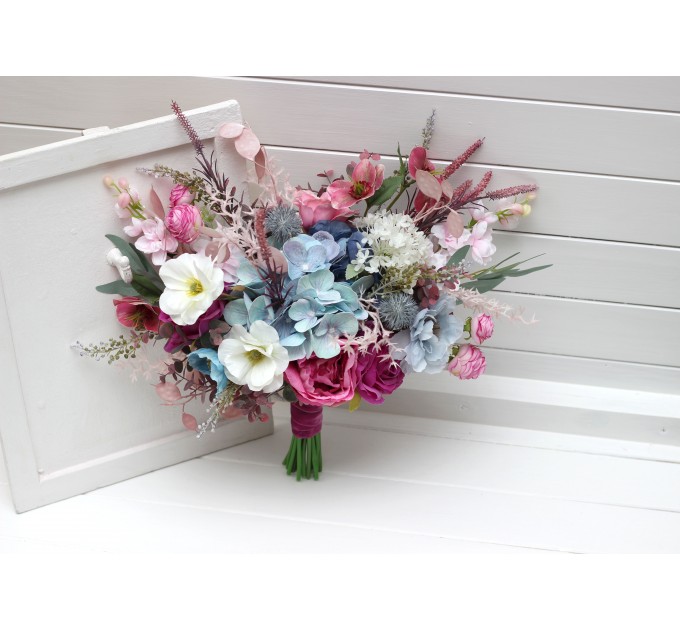 Wedding Bouquets in White, Dusty Blue & Magenta | Wildflower Cascading Faux Bridal & Bridesmaid Bouquets