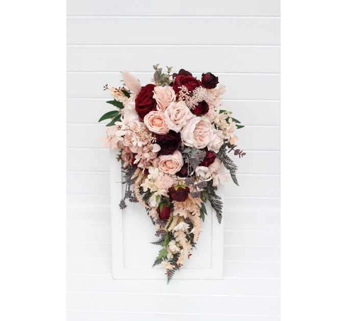 Wedding bouquets in burgundy blush pink colors. Bridal bouquet. Cascading bouquet. Faux bouquet. Bridesmaid bouquet. 5257