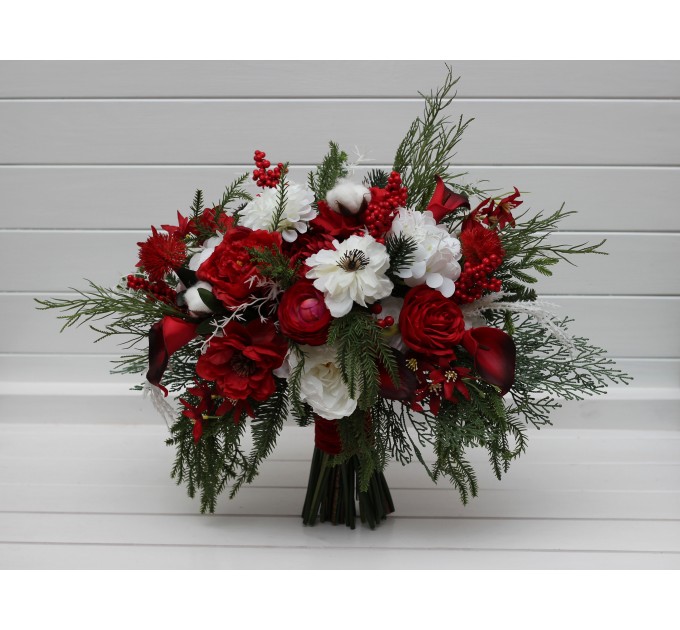 Classic Red & White Bridal Bouquet – Winter Wedding Faux Flowers