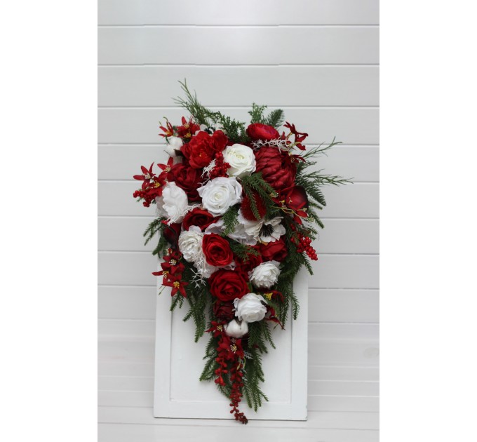 Red & White Cascading Bridal Bouquet – Winter Wedding Faux Flowers