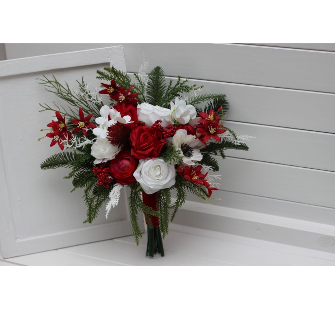 Classic Red & White Bridal Bouquet – Winter Wedding Faux Flowers