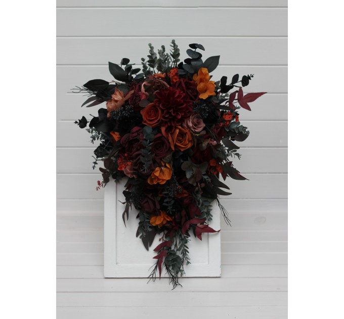Burgundy, Black, Rust & Dusty Rose Cascading Bouquet – Moody Faux Wedding Flowers