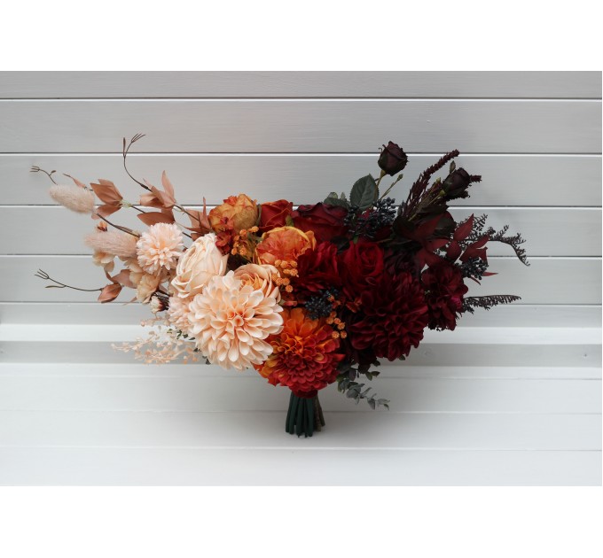 Ombre wedding bouquets in burgundy red peach orange colors. Bridal bouquet. Cascading bouquet. Faux bouquet. Bridesmaid bouquet. 5258