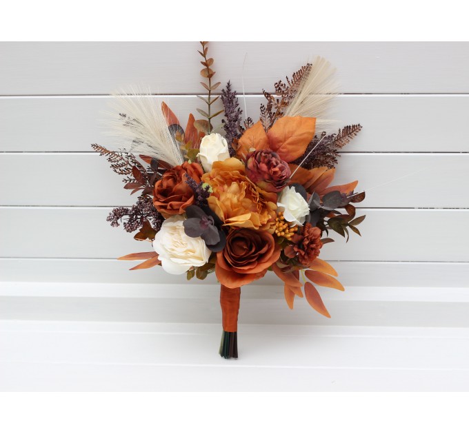 Wedding Bouquets in Ivory & Rust | Cascading Faux Bridal & Bridesmaid Bouquets