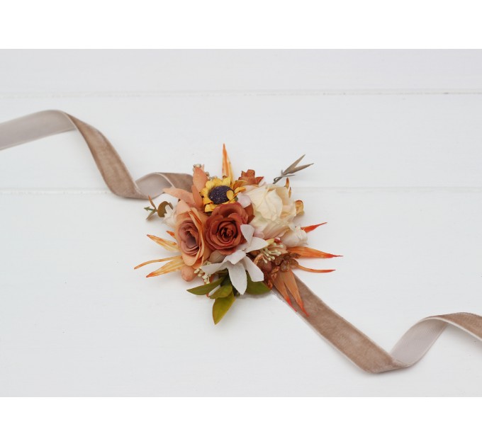 Wedding Boutonnieres & Wrist Corsage in Orange, Rust & Beige | Faux Flower Accessories
