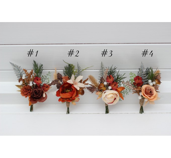 Wedding Boutonnieres & Wrist Corsage in Ivory & Rust | Faux Flower Accessories