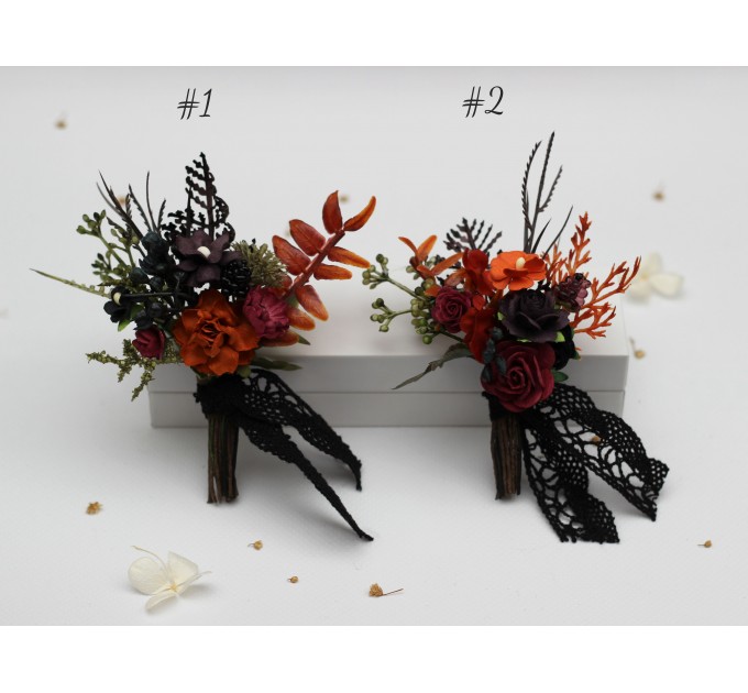 Burgundy, Rust, Purple & Black Wedding Boutonnieres – Moody Faux Floral Accessories