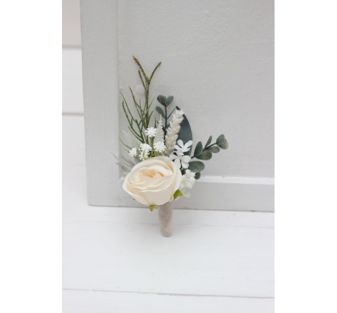Wedding Boutonniere & Wrist Corsage in White & Ivory | Faux Flower Accessories