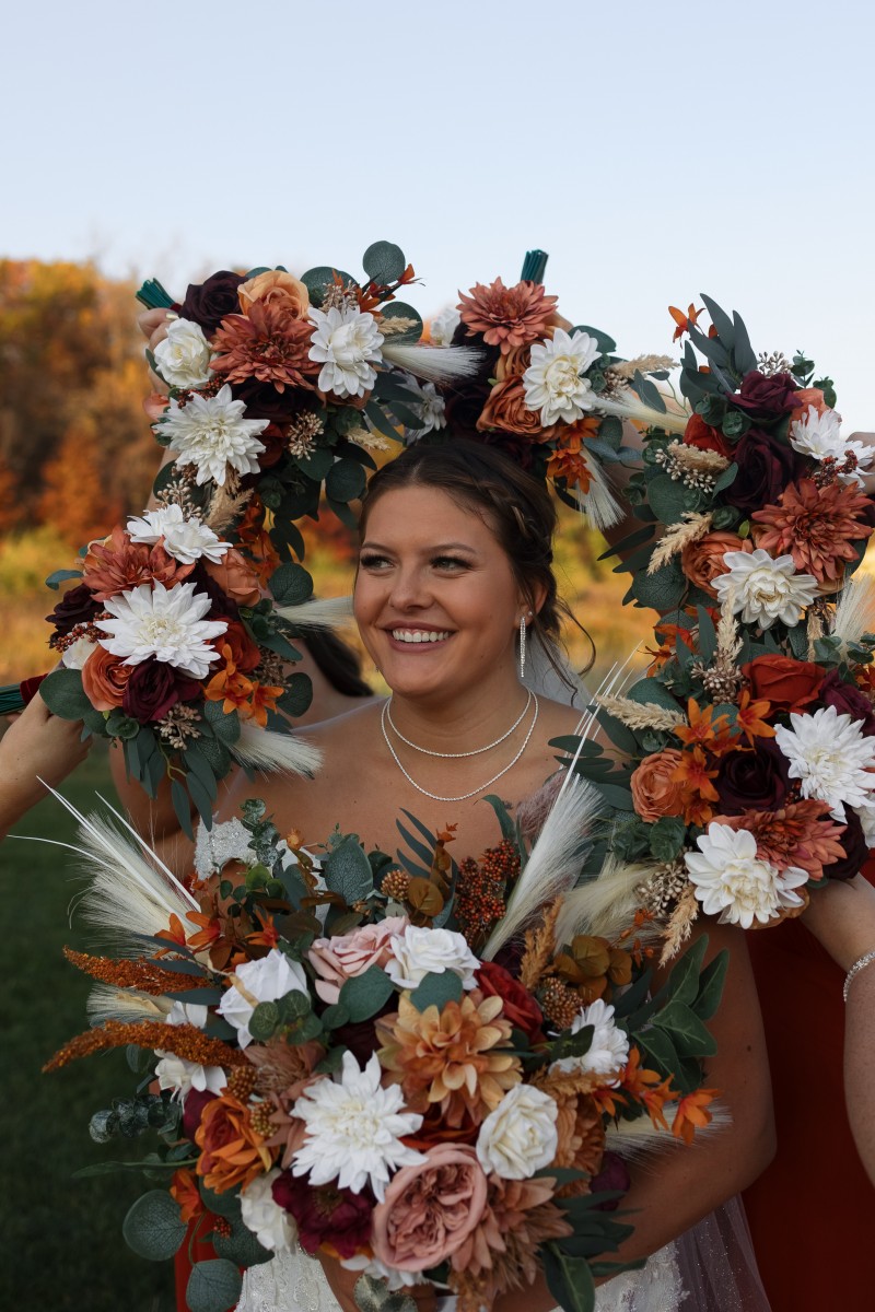Boho wedding bouquet with pampas grass, cinnamon roses, ivory dahlias, and burgundy accents3149-1200.1270244522