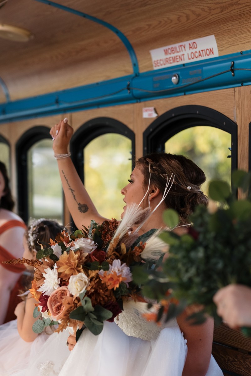 Burgundy and orange bridal bouquet with pampas and ivory florals3648-1200