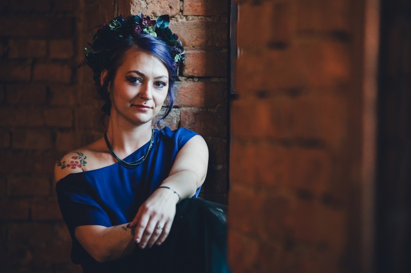 Click on the photo for details Halloween wedding hair wreath in black, magenta, and deep purple tones3024-532.27513227513