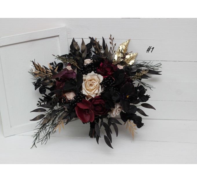 Deep Purple, Black, Gold, and Beige Wedding Bouquets – Regular and Cascade Designs