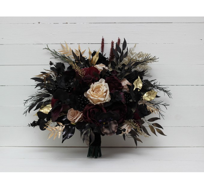 Deep Purple, Black, Gold, and Beige Wedding Bouquets – Regular and Cascade Designs