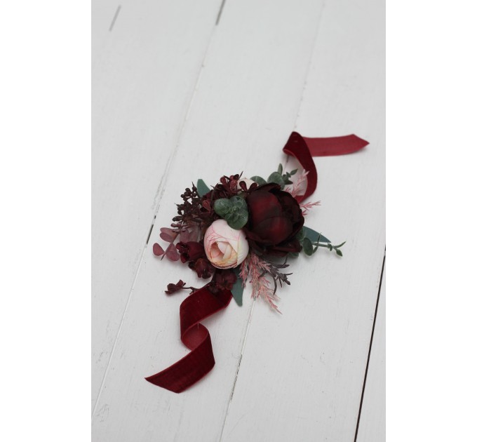 Wedding Boutonnieres & Wrist Corsage in Burgundy & Blush Pink | Faux Flower Accessories