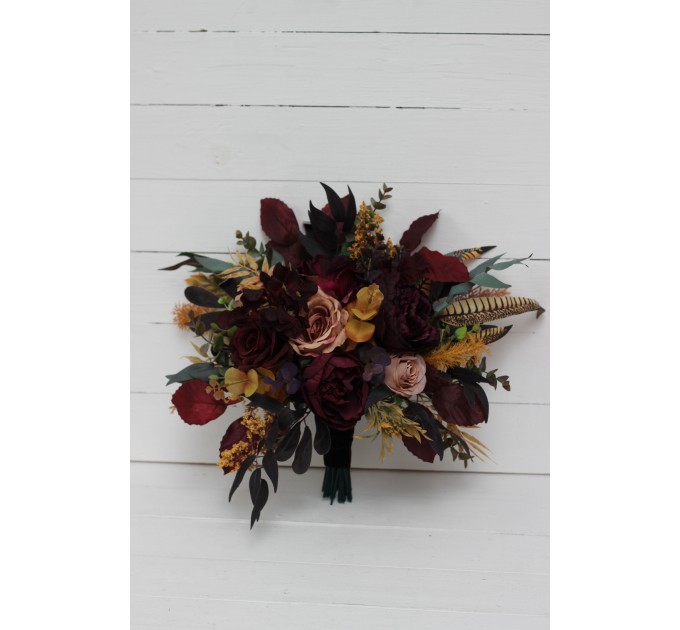Wedding Bouquets in Deep Purple, Burgundy, Beige & Cinnamon | Faux Bridal & Bridesmaid Bouquets