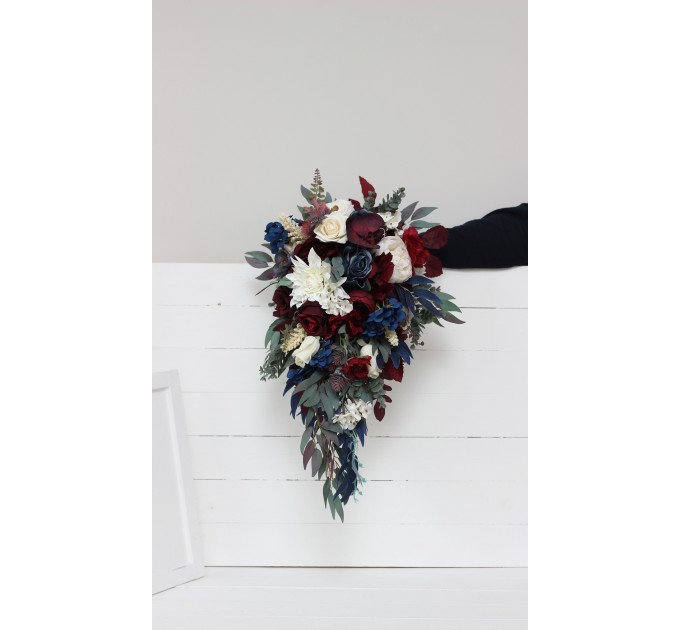 Wedding Bouquets in Burgundy, Ivory & Navy Blue | Cascading Bridal & Bridesmaid Faux Bouquets