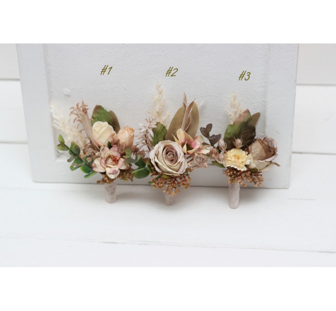 Wedding Boutonnieres & Wrist Corsage in Dusty Rose, Cinnamon & Ivory | Faux Flower Accessories