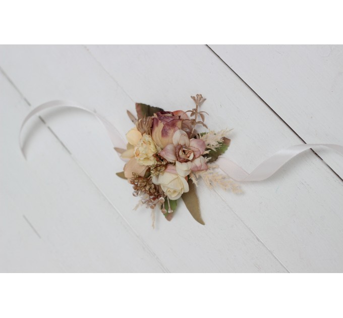 Wedding Boutonnieres & Wrist Corsage in Dusty Rose, Cinnamon & Ivory | Faux Flower Accessories
