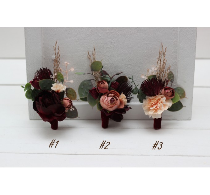 Wedding Boutonnieres & Wrist Corsage in Burgundy, Dusty Rose & Peach | Faux Flower Accessories