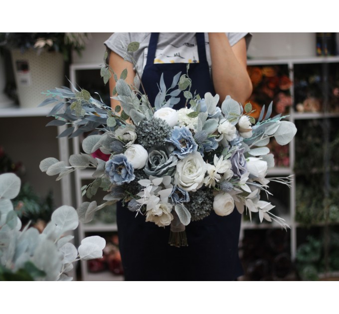 Elegant Dusty Blue & White Wedding Bouquet – Artificial Bridal Flowers | Kochetova Flowers