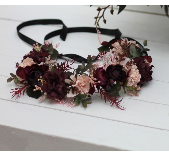 Purple burgundy beige black flower crown. Hair wreath. Flower girl crown. Wedding flowers. 5016