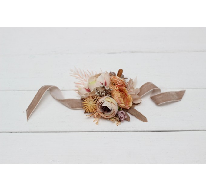Wedding Boutonnieres & Wrist Corsage in Beige & Pale Orange | Faux Flower Accessories