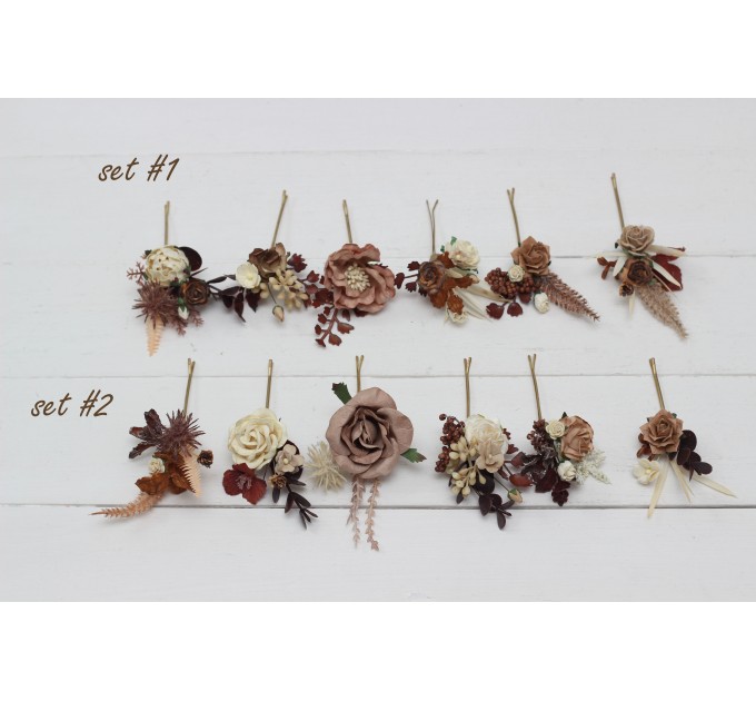 Set of bobby pins. Beige brown ivory flowers. Fall wedding. Boho wedding. Hair flowers. 5172