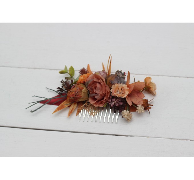 Flower comb in rust purple orange color scheme. Wedding accessories for hair. Bridal flower comb. Bridesmaid floral comb. 5073
