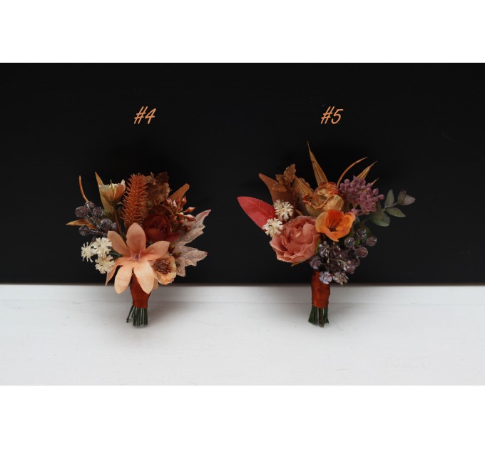 Wedding Boutonnieres & Wrist Corsage in Rust, Orange & Purple | Faux Flower Accessories