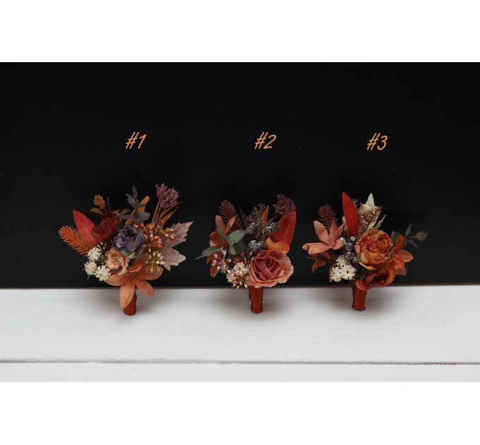 Wedding Boutonnieres & Wrist Corsage in Rust, Orange & Purple | Faux Flower Accessories