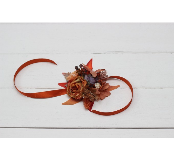 Wedding Boutonnieres & Wrist Corsage in Rust, Orange & Purple | Faux Flower Accessories