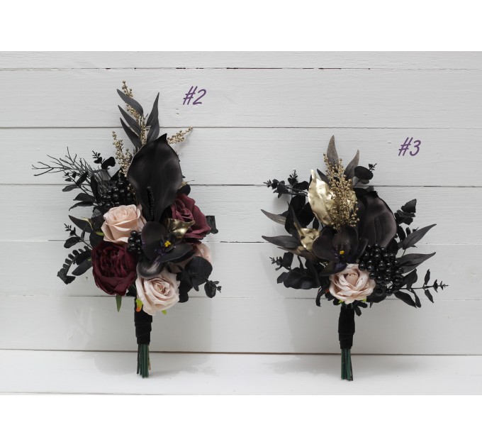 Deep Purple, Black, Gold, and Beige Wedding Bouquets – Regular and Cascade Designs