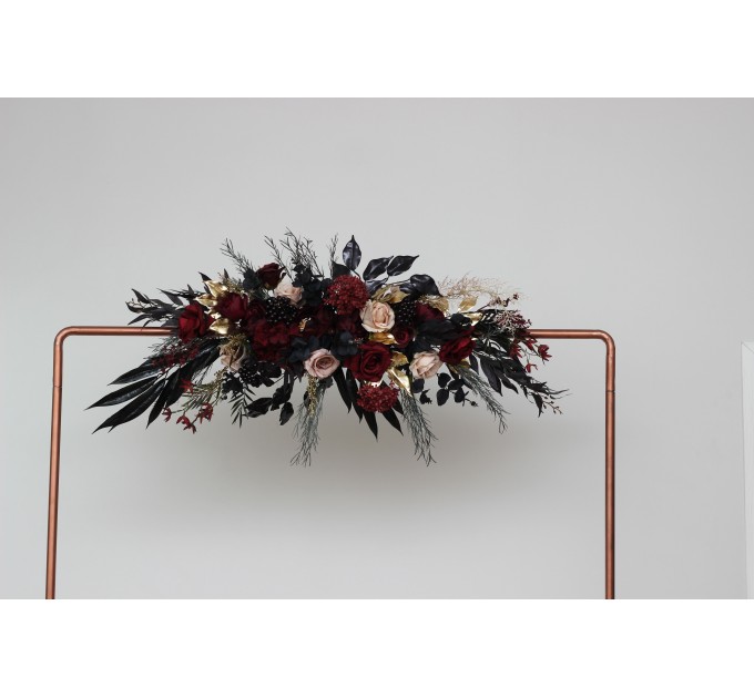 Flower Arch Arrangement in Burgundy, Black, Gold & Beige | Faux Floral Archway for Halloween Wedding