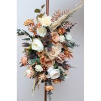  Terracotta ivory flower arrangement for wedding arch. Orange ivory archway flowers for fall wedding. Pergola flowers. Wedding flowers. 0029