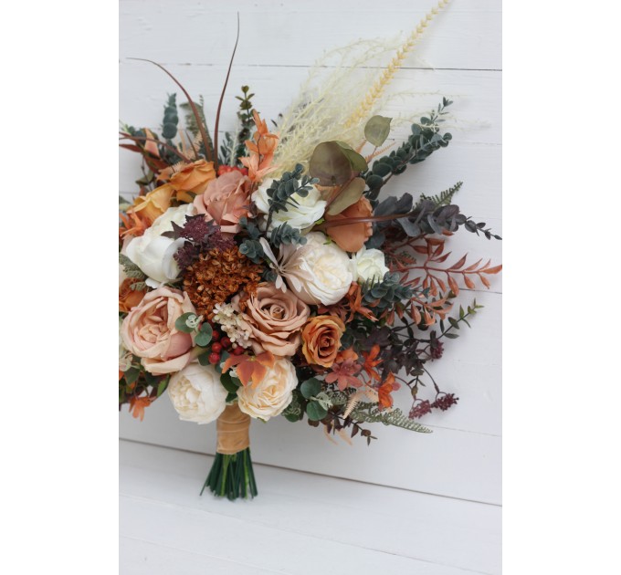 Boho Bouquet with Pampas Grass in Orange, Ivory, Rust & Terracotta | Cascading Bridal & Bridesmaid Bouquets