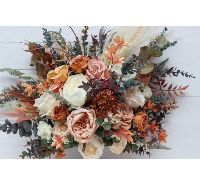Boho Bouquet with Pampas Grass in Orange, Ivory, Rust & Terracotta | Cascading Bridal & Bridesmaid Bouquets