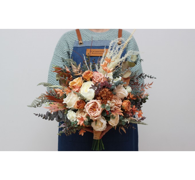 Boho Bouquet with Pampas Grass in Orange, Ivory, Rust & Terracotta | Cascading Bridal & Bridesmaid Bouquets