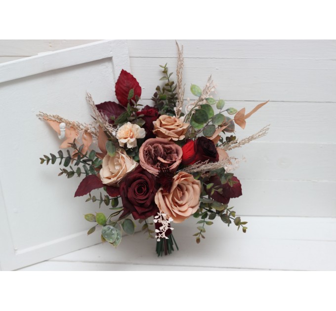 Bouquets in burgundy dusty rose peach color theme. Bridal bouquet. Faux bouquet. Bridesmaid bouquet. 0501