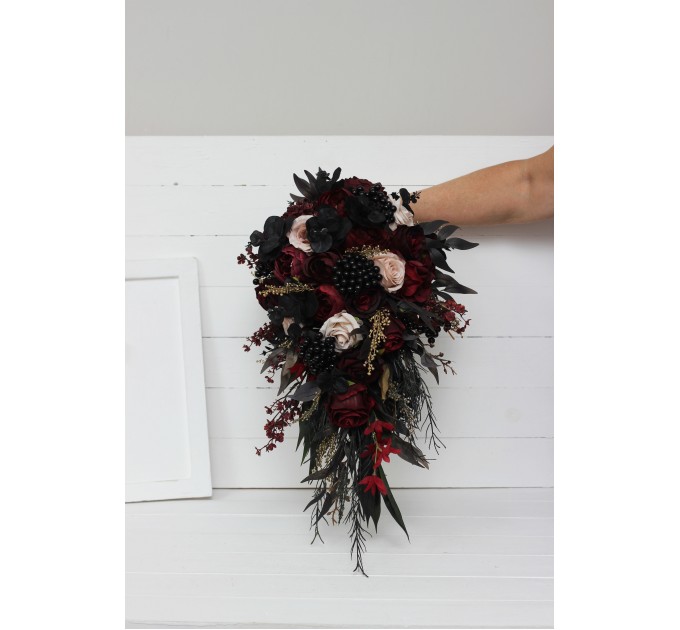 Halloween Wedding Bouquets in Burgundy, Black, Gold, and Beige – Cascade Faux Bouquets