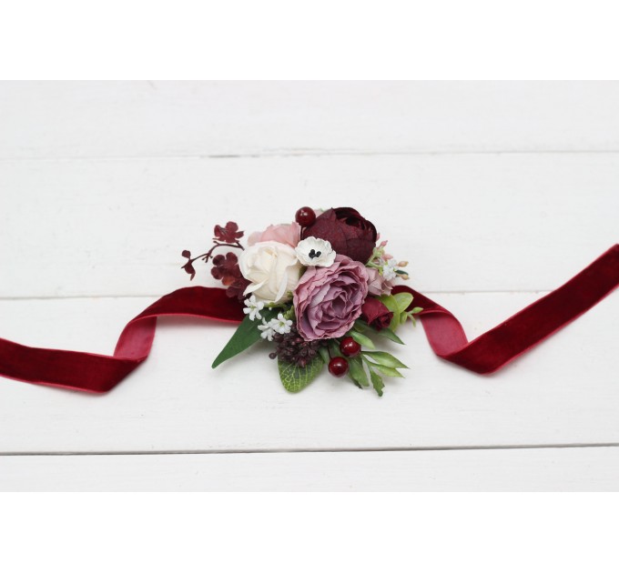 Wedding Boutonnieres & Wrist Corsage in Burgundy, Dusty Rose & Cream | Faux Flower Accessories