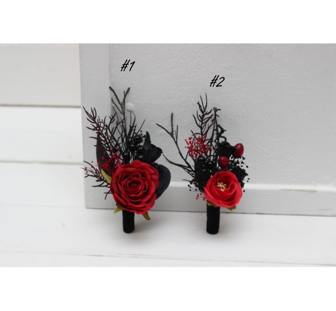 Wedding Boutonnieres & Wrist Corsage in Black & Red | Faux Flower Accessories for Halloween Wedding
