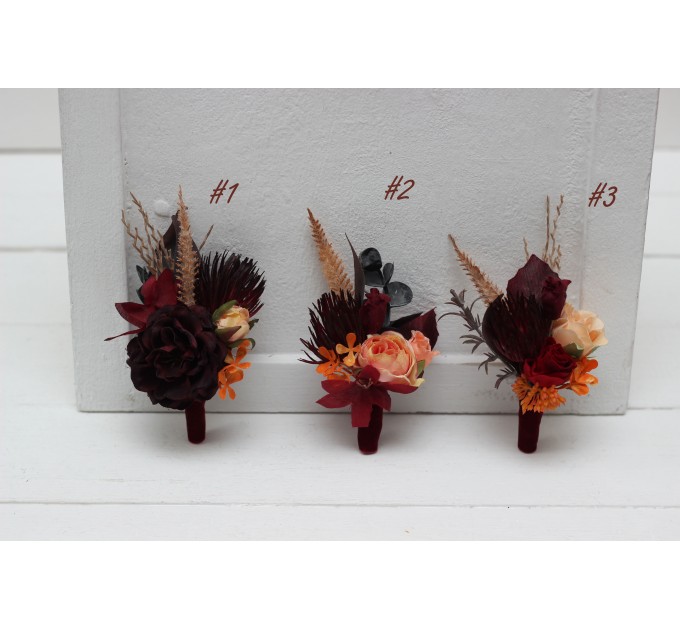 Wedding Boutonnieres & Wrist Corsage in Burnt Orange, Red & Burgundy | Faux Flower Accessories