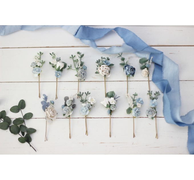 Set of hair pins in dusty blue white color scheme. Hair accessories. Flower accessories for wedding. 5031