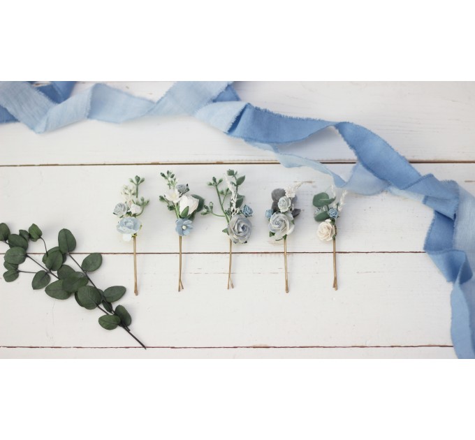 Set of hair pins in dusty blue white color scheme. Hair accessories. Flower accessories for wedding. 5031