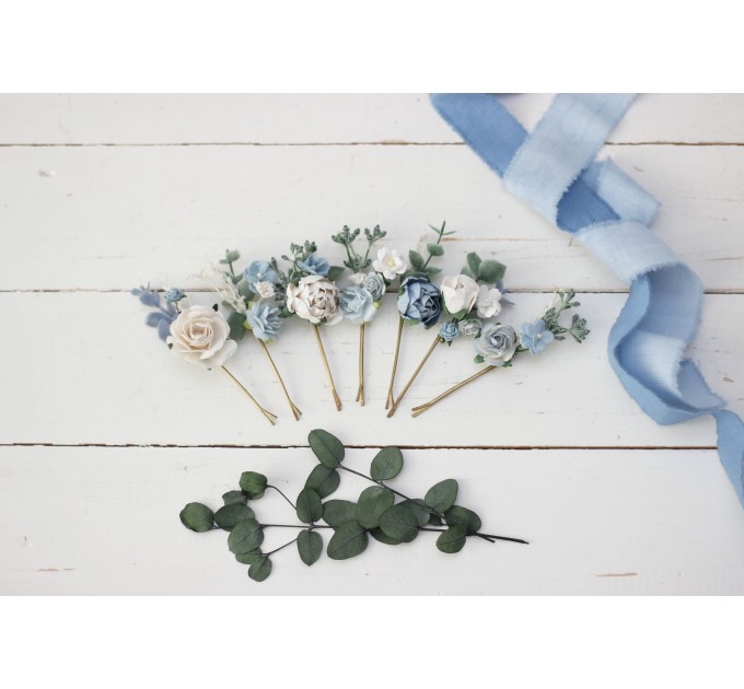 Set of hair pins in dusty blue white color scheme. Hair accessories. Flower accessories for wedding. 5031