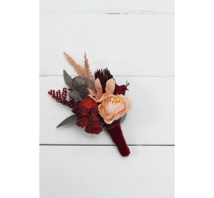 Wedding Boutonnieres & Wrist Corsage in Burnt Orange, Red & Burgundy | Faux Flower Accessories