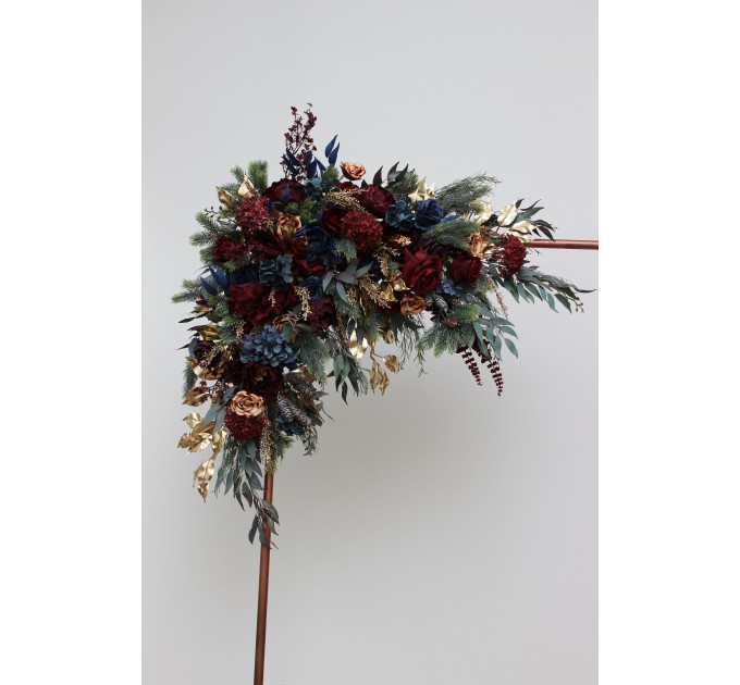 Flower Arch Arrangement in Burgundy, Navy Blue & Gold | Faux Floral Archway for Wedding