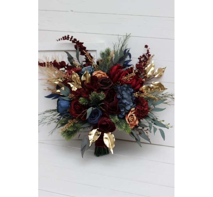Wedding Bouquets in Burgundy, Navy Blue & Gold | Cascading Bridal & Bridesmaid Faux Bouquets
