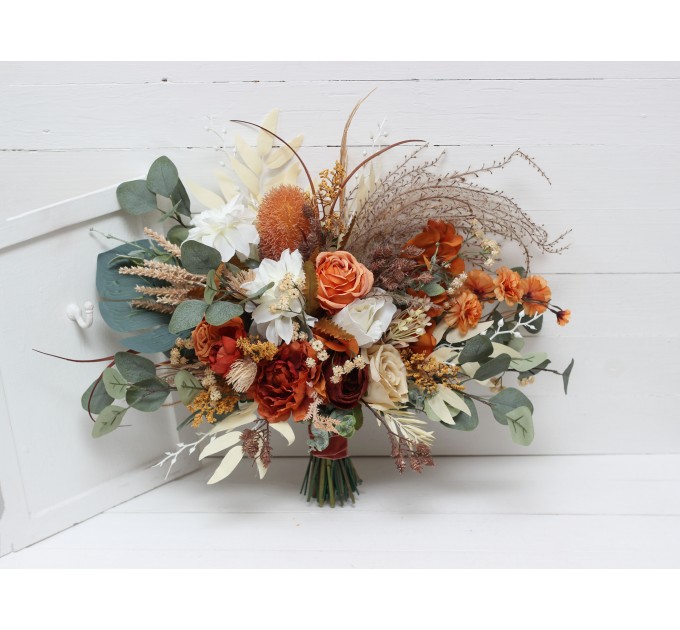 Wedding Bouquets in Burnt Orange & Ivory | Faux Bridal & Bridesmaid Bouquets