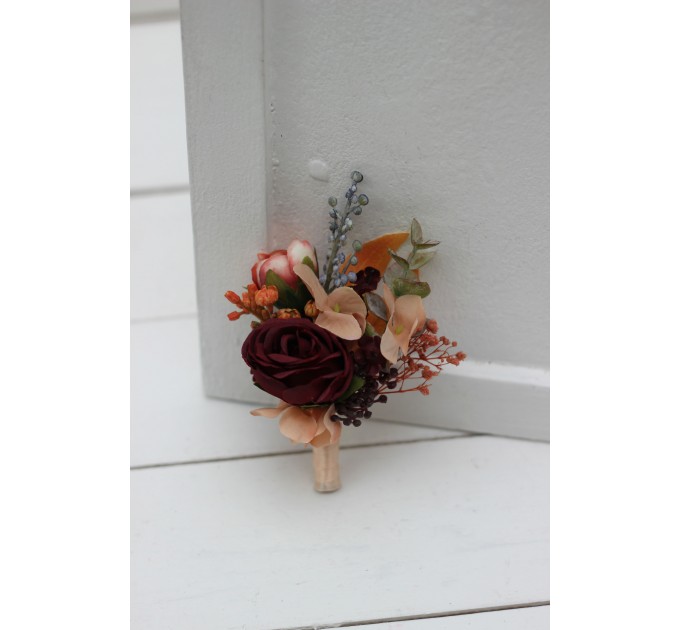  Wedding boutonnieres and wrist corsage  in burgundy orange color scheme. Flower accessories. 5042
